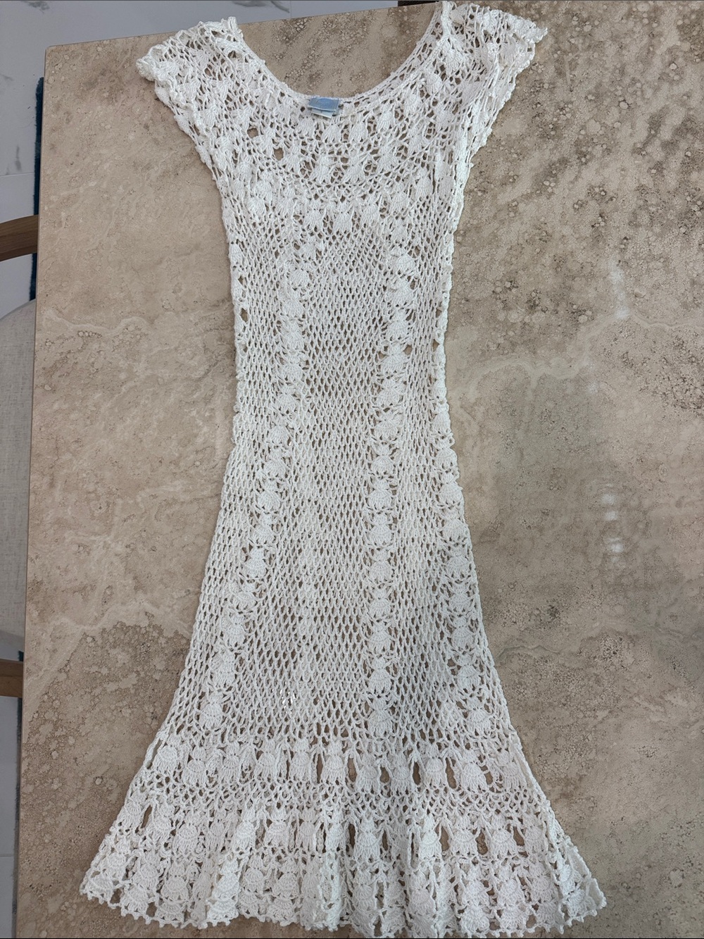 Cream Crochet Maxi Dress with Flared Hem